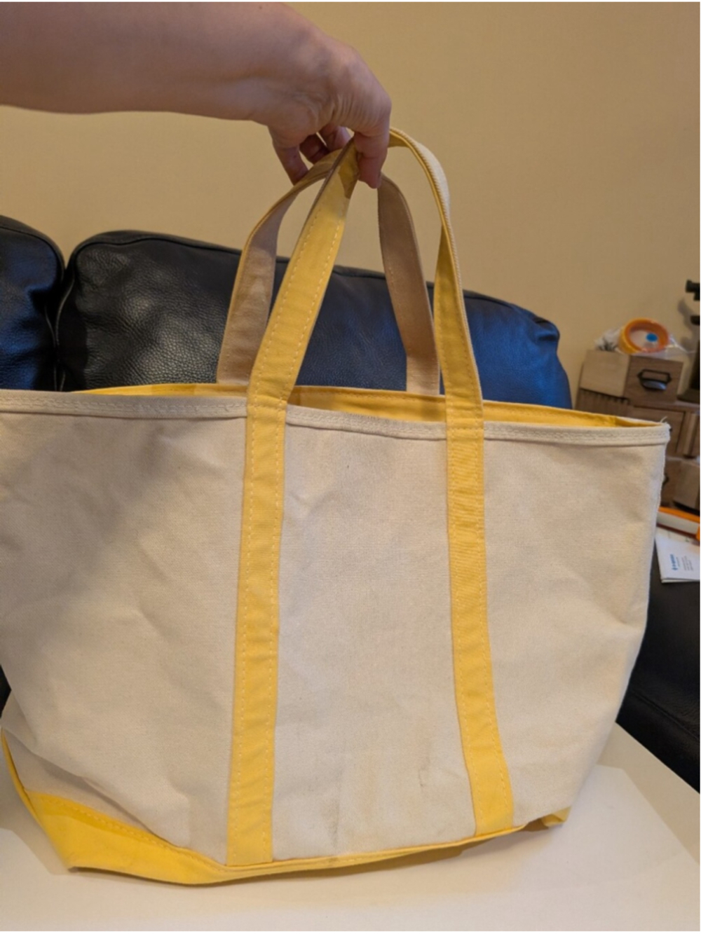 Vintage 90s LL Bean Boat And Tote Bag Medium Yellow Trim Canvas Made In USA GUC
